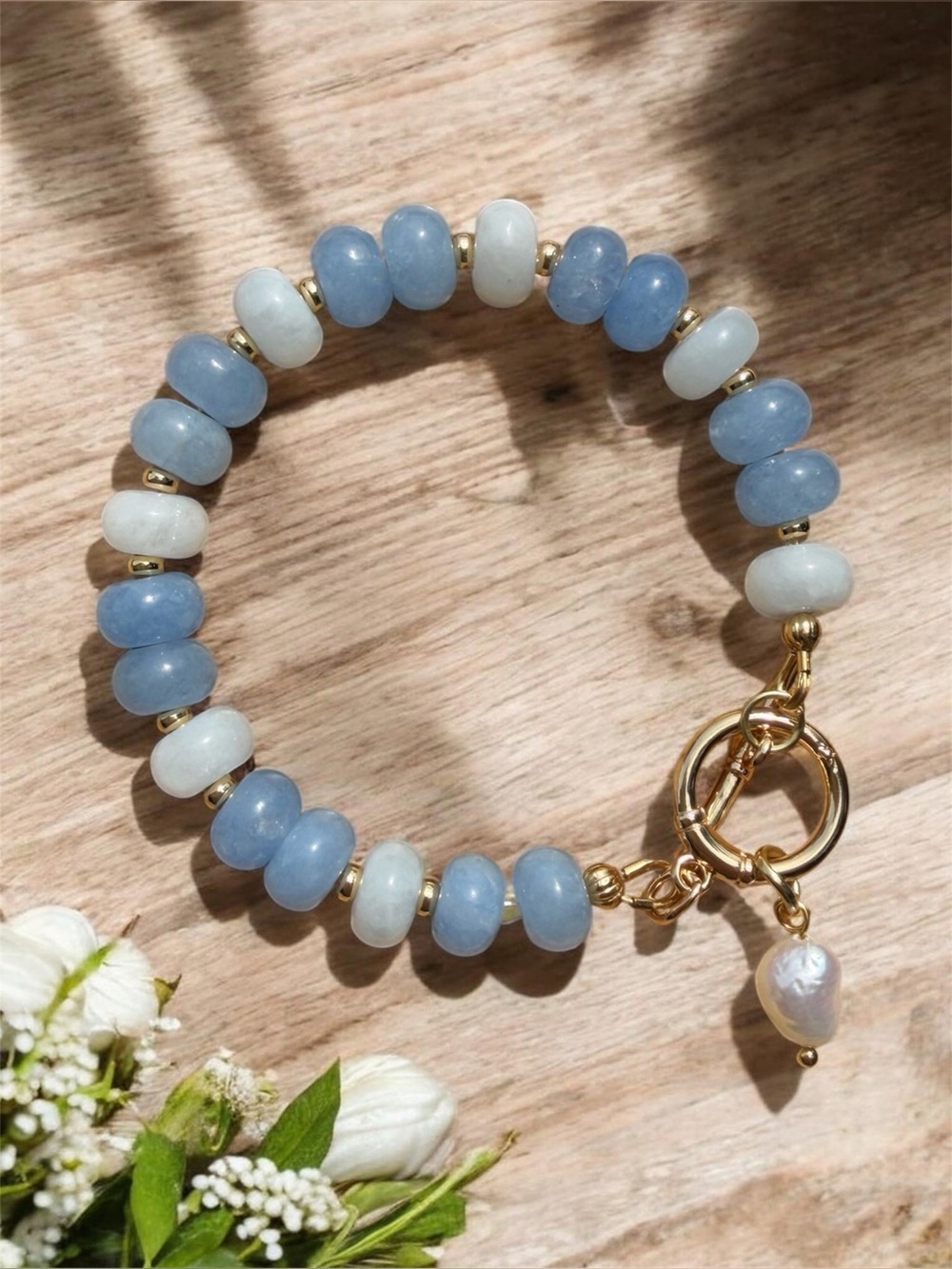 B1 Blue Jade & Aquamarine Natural Stone Beaded Bracelet with Fresh Water Pearl